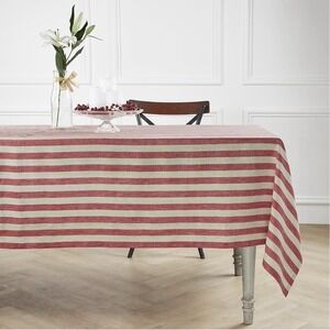 Solino Home Linen Tablecloth 60 x 108 Inch - Sorrento Stripe 100% Pure Linen Red